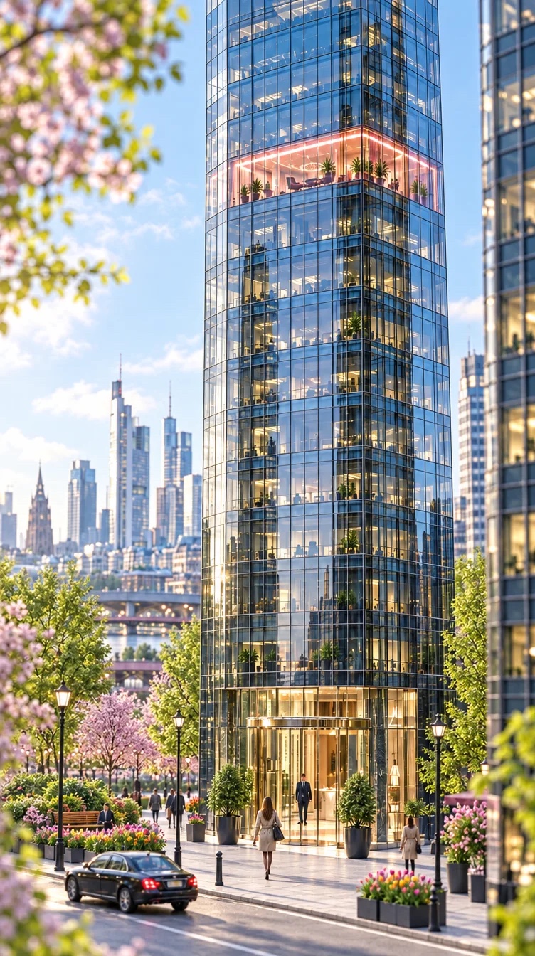 The agency tower on a spring morning with cherry blossom