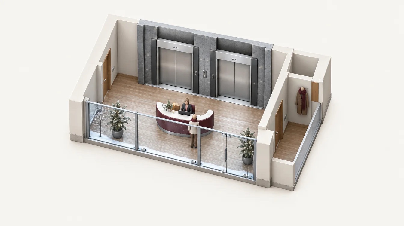 Isometric view of the reception in winter