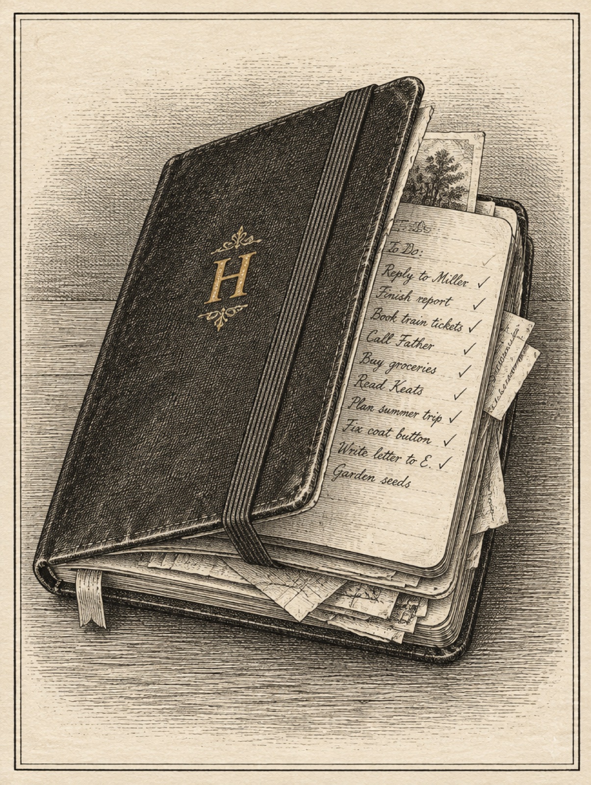 Pencil illustration of Heidi's notebook with handwritten pages and a gold monogram