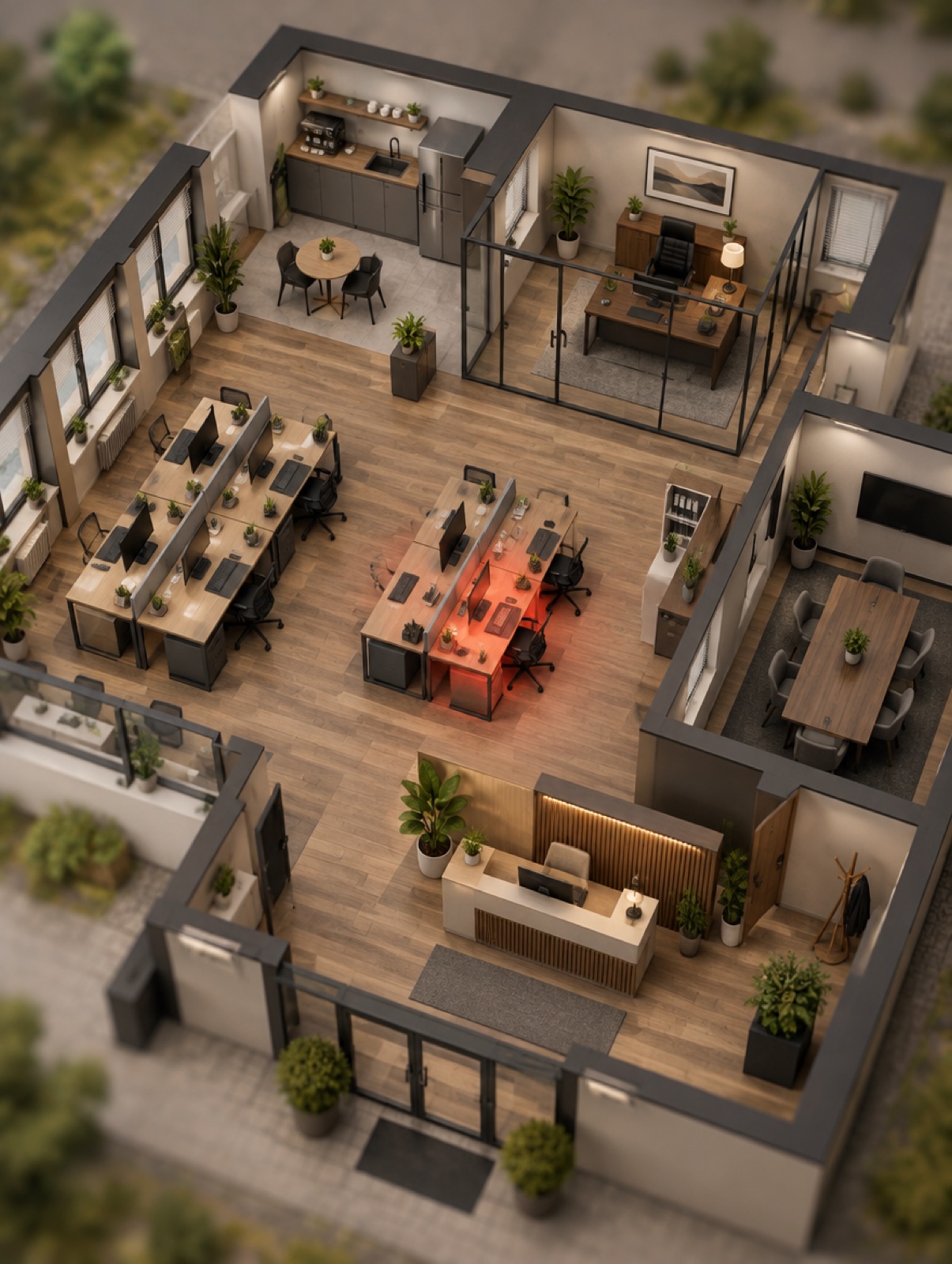 Isometric view of the agency with desks, meeting rooms and places from the stories
