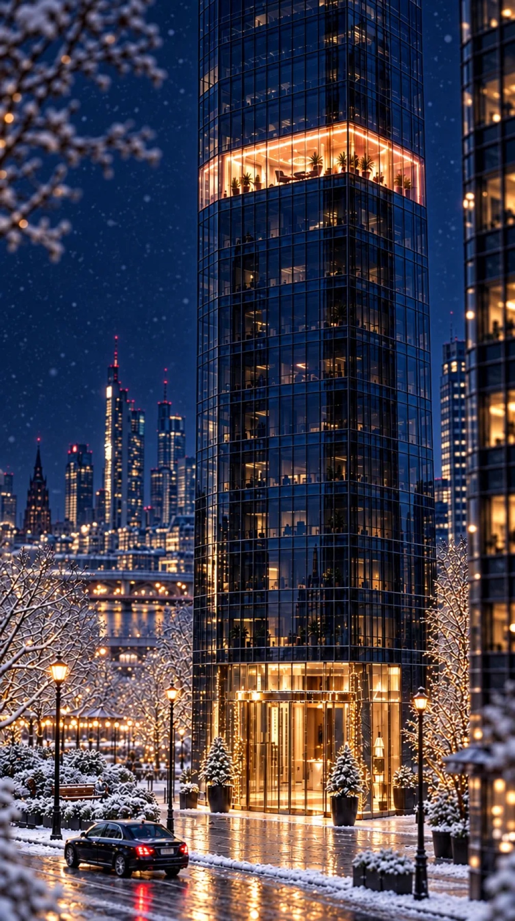 Heidi's illuminated high-rise agency in a winter city